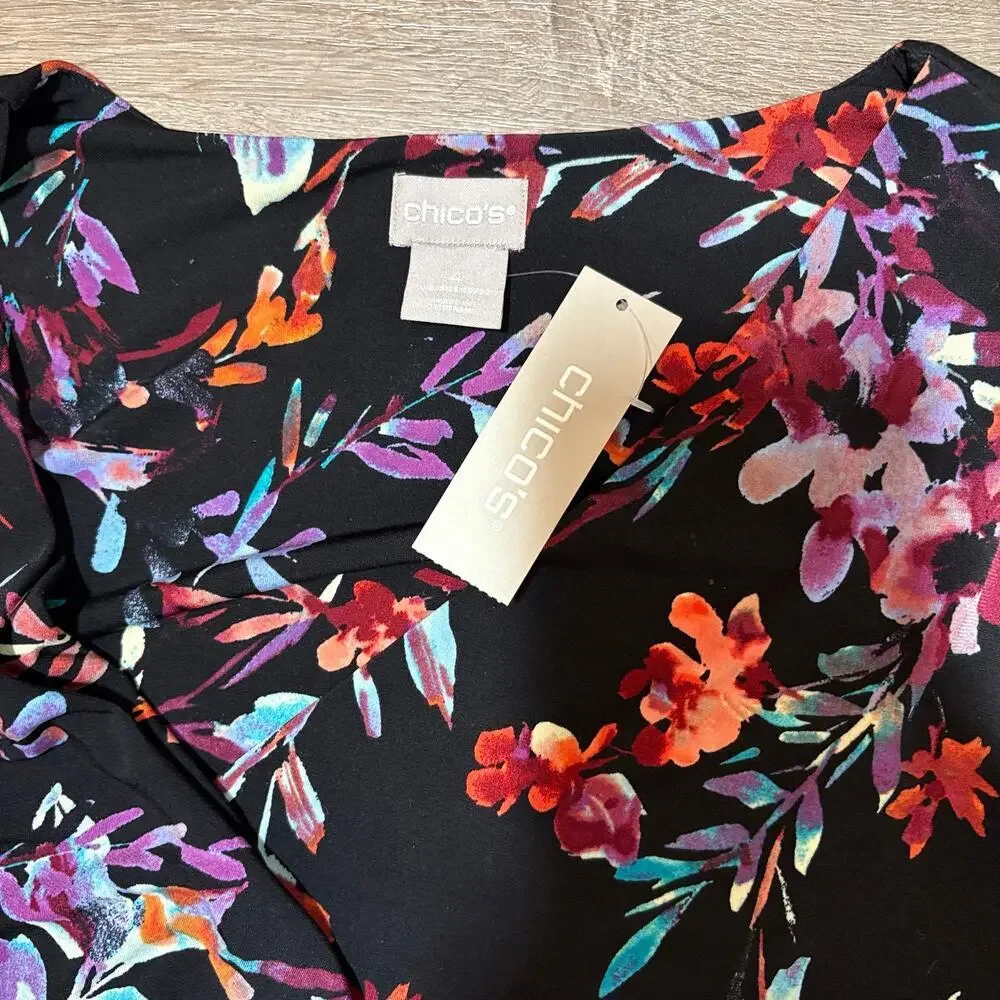 Chico’s NWT Floral Faux Wrap Dress Sz 4 (20-22) Black Multicolor 3/4 Sleeve - Picture 2 of 7